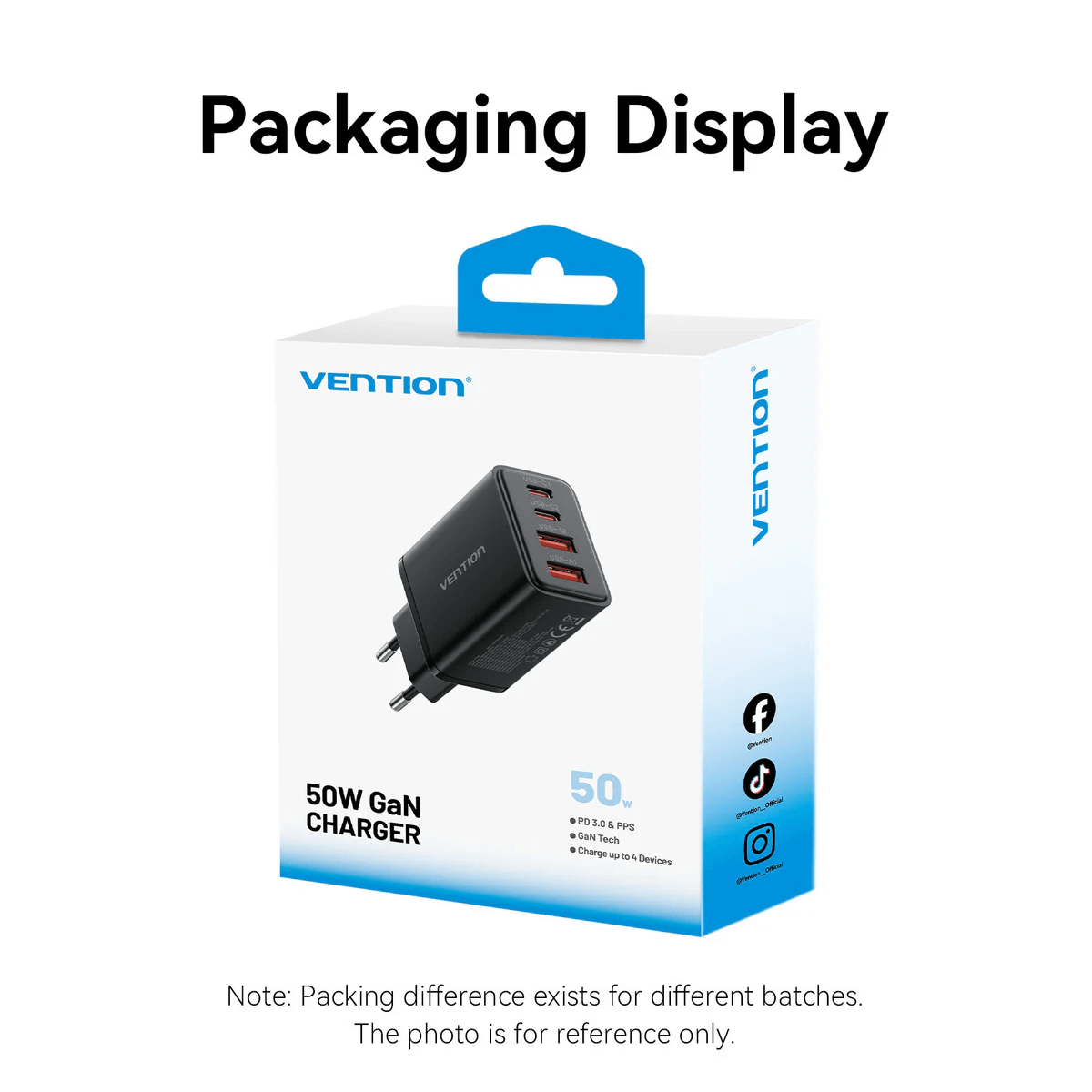Packaging display of Vention 4-Port GaN Charger in stylish box design.