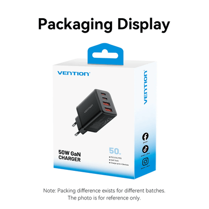 Packaging display of Vention 4-Port GaN Charger in stylish box design.