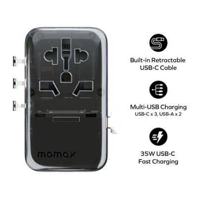 Momax 1-World+ Flow 4-Port Travel Charger With Built-In USB-C Cable 35W Corporate Gifts Singapore
