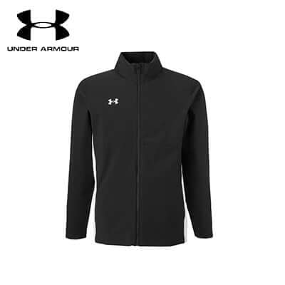 Under Armour Rival Stretch Woven Full-Zip Jacket in black, perfect for training and sports.