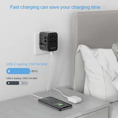 TESSAN 17W Travel Charger with 3 USB and 1 Type C fast charging on nightstand next to a smartphone.