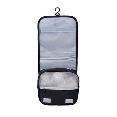 2 Tone Nylon Toiletry Bag with multiple compartments and hook for hanging, ideal for organizing toiletries.