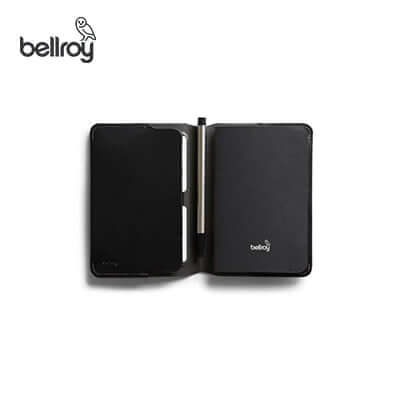 Bellroy Notebook Cover + Notebook open showing slots for cards and space for a pen, perfect for corporate gift.