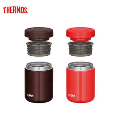 Thermos JBR-500 Food Jar in red and brown colors with detachable lids and click-open feature for easy use.
