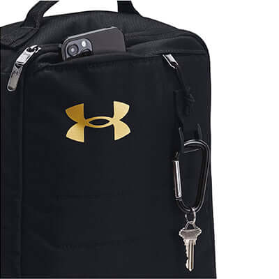 Under Armour Contain Shoe Bag Black with Gold featuring phone pocket and clip for keys.