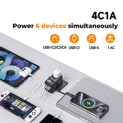 TESSAN 85W Travel Adapter with Built-in USB-C 75cm Cable powering 6 devices simultaneously.