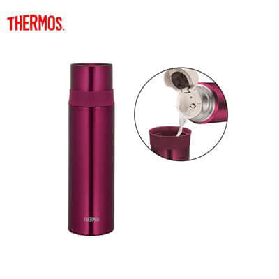 Thermos FFM-501 Bottle with Cup shown in burgundy color, featuring a cup lid for on-the-go hydration.