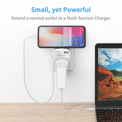 TESSAN USB Plug Adaptor with 2 USB Ports charging phone and laptop on desk
