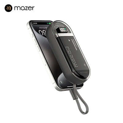 Mazer PowerCharge Link 1035 10,000mAh PD35W Power Bank charging a smartphone, compact and portable, ideal for travel.