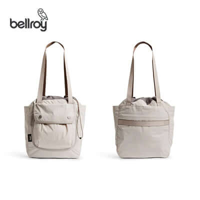 Bellroy Cinch Tote Bag in beige showing front and back views, perfect as a stylish corporate gift.