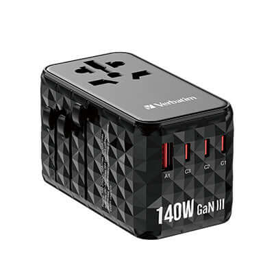 Verbatim 32125 GaN III Universal Travel Adapter 140W suitable for international travel with multiple USB ports.