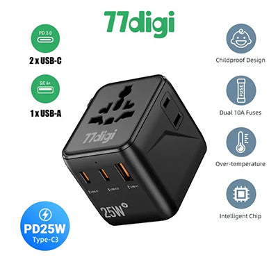 77digi 25W 2 Type-C + 1 USB Travel Adapter WWA25
