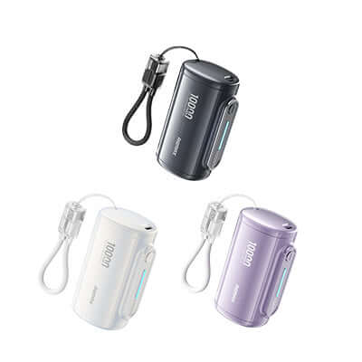 Remax WP-117 Compact Powerbank with Cable Lanyard in black, white, and purple colors with lanyard included.