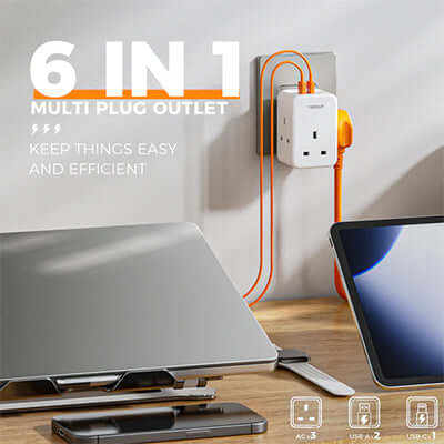 TESSAN Multi Plug Extension Wall Adapter with 2 USB and Type C in an office setting, showcasing 6 IN 1 functionality.