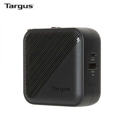 Targus APA803AP 65W GaN Wall Charger with dual USB ports for efficient device charging.