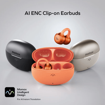 Momax 1-Vibe Clip M.IN.D AI ENC Clip-On Earbuds in stylish case, showcasing advanced AI translation features.