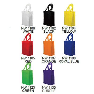 A5 Non Woven Bag in various colors: white, black, yellow, red, orange, royal blue, green, and purple.