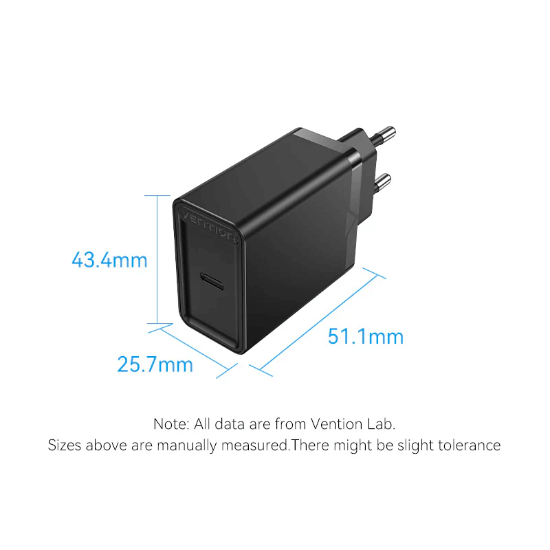 Vention 1-Port USB-C Wall Charger 30W with dimensions: 43.4mm x 25.7mm x 51.1mm.