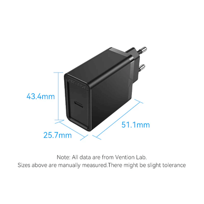 Vention 1-Port USB-C Wall Charger 30W with dimensions: 43.4mm x 25.7mm x 51.1mm.