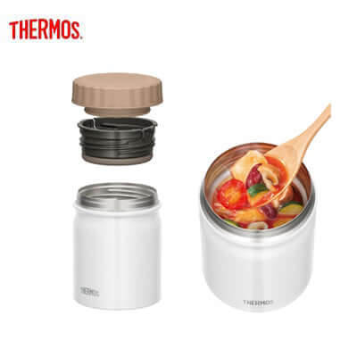 Thermos JBT-400 Food Jar with lid and soup inside, perfect for corporate gift ideas.