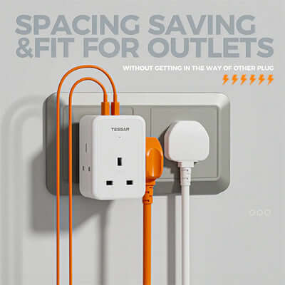 TESSAN Multi Plug Extension Wall Adapter with 2 USB and Type C installed on a wall, showing space-saving design.