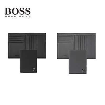 Hugo Boss Folding Card Holder Double B Saffiano in black, featuring sleek design, ideal for corporate gift.