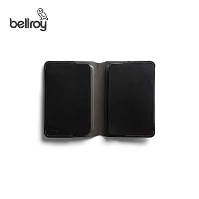 Bellroy Notebook Cover + Notebook open to reveal two black covers, ideal for corporate gift or daily use.