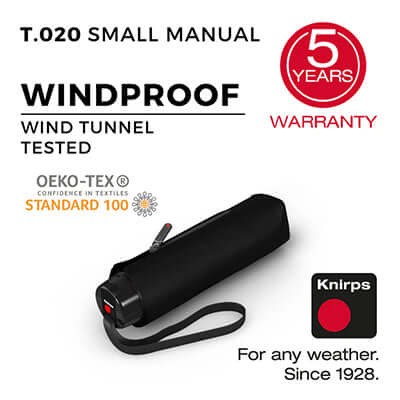 Knirps T.020 Small Manual Umbrella with windproof design and 5-year warranty, perfect for any weather.
