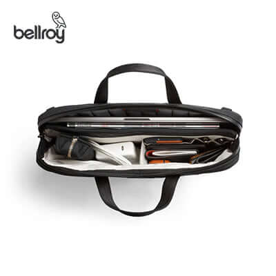 Open view of Bellroy Tokyo Laptop Bag 16" showing organized compartments for devices and essentials.
