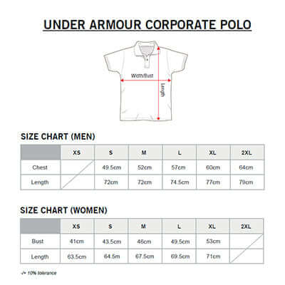 Size chart for Under Armour M Corporate Polo Tee showing measurements for men and women.