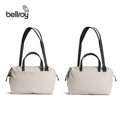Bellroy Lite Duffel Bag in beige, showcasing a modern design, perfect for travel and as a corporate gift.