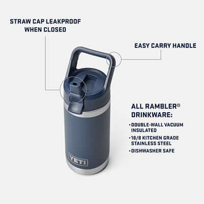 Yeti Rambler® Jr. 12 oz Kids Bottle With Color Matched Straw Cap features leakproof straw cap and easy carry handle.