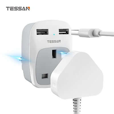 TESSAN USB Plug Adaptor with 2 USB Ports for charging multiple devices during travel.