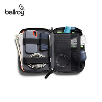 Bellroy Wonder Kit Organizer Pouch open with essentials organized inside, ideal as a corporate gift.