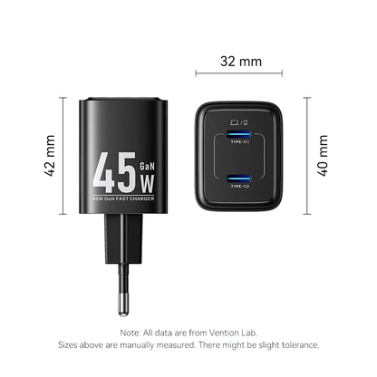 Vention 2-Port USB (C + C) GaN Charger 45W showing size dimensions and dual USB-C ports.