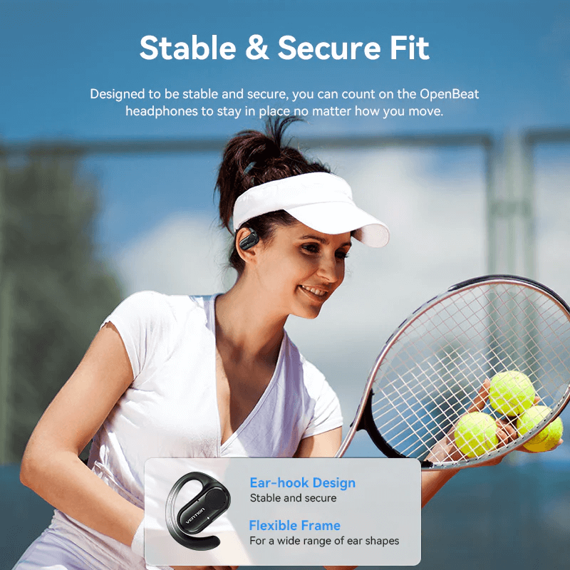 Vention Wireless Bluetooth Open Ear Headphones OpenBeat showcasing stable and secure fit for active lifestyles.