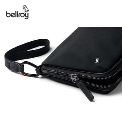 Bellroy Wonder Kit Organizer Pouch in black with zip closure and strap, perfect as a corporate gift.