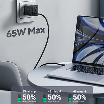 Vention 65W GaN Charger charging devices with fast speeds on a stylish desk.