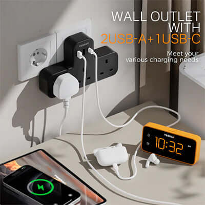 TESSAN Multi-Ports Extension Wall Plug providing dual USB A and USB C for charging multiple devices easily.