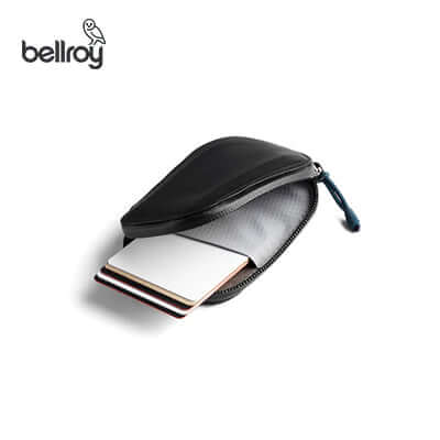 Bellroy All Conditions Card Pocket Leather showcasing a black design with cards visible inside.