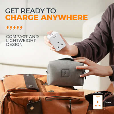 TESSAN Multi Plug Extension Wall Adapter with 2 USB and Type C being held above a bag for charging on the go.