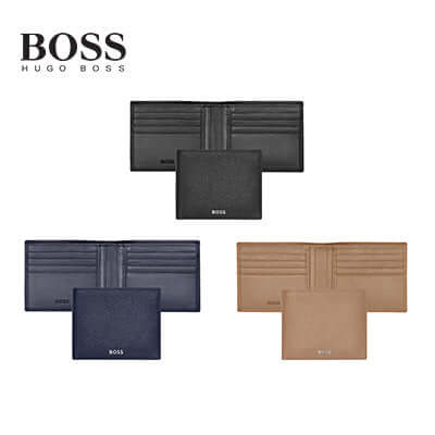 Hugo Boss Wallet Classic Grained in black, navy, and camel with multiple compartments, perfect corporate gift.