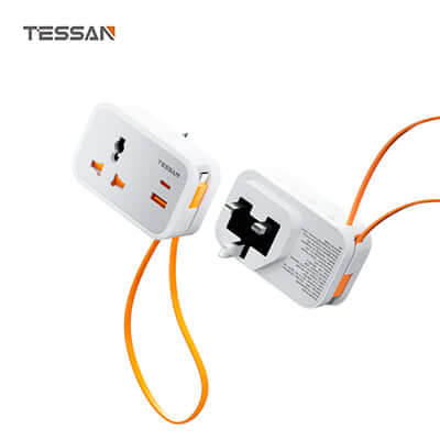 TESSAN Wall Plug Socket Extender with USB-C Cable showing multiple outlets and USB ports.