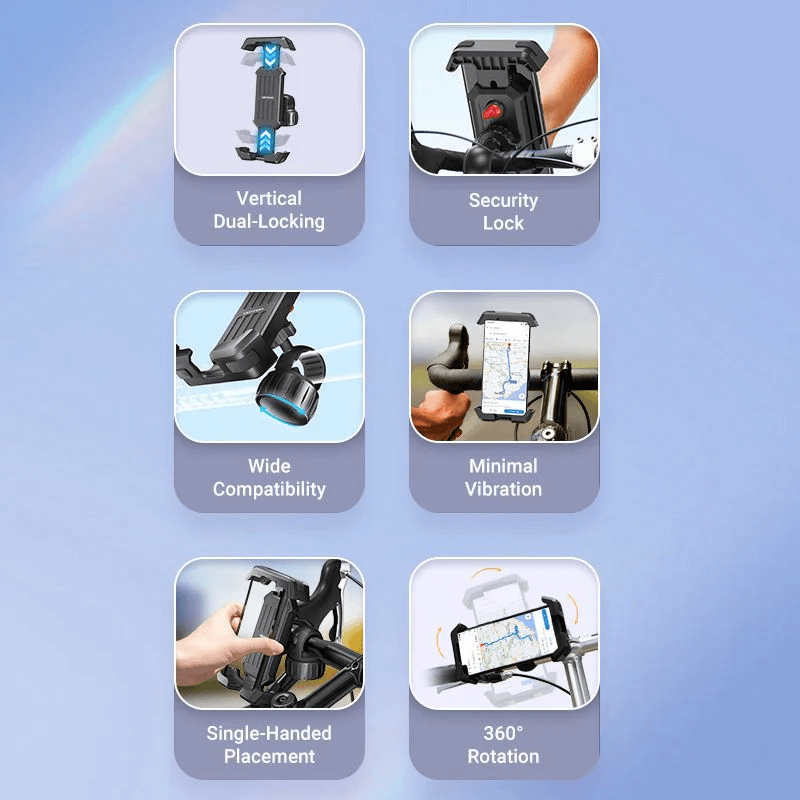 Vention 360° Bike Phone Mount features including vertical dual-locking, security lock, wide compatibility, minimal vibration, and 360° rotation.