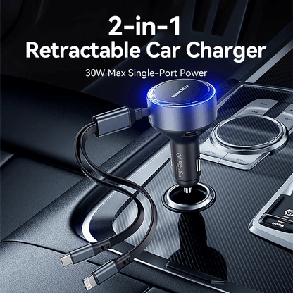 Vention Car Charger with Built-In Cable 30W for efficient on-the-go device charging.
