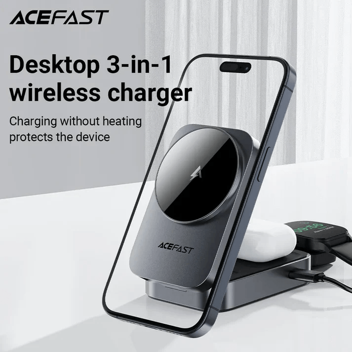 Acefast Desktop 3-in-1 Wireless Charger with smartphone and earbuds for fast simultaneous charging.