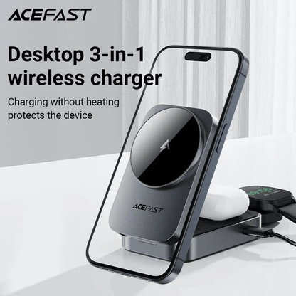 Acefast Desktop 3-in-1 Wireless Charger with smartphone and earbuds for fast simultaneous charging.