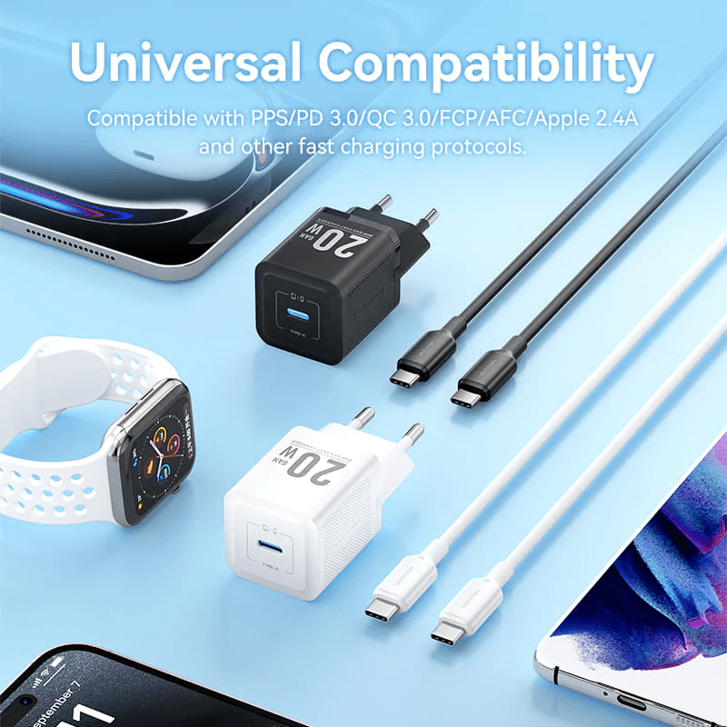 Vention 1-Port USB-C GaN Charger 20W with Cable 1M and accessories showcasing universal compatibility.