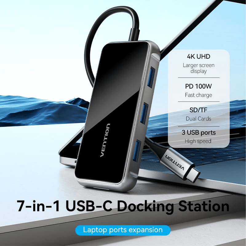 Vention 7-in-1 USB-C USB Hub with 4K UHD display and PD 100W fast charging, ideal for corporate gifts.