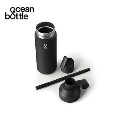Ocean Bottle GO Vacuum Bottle with lid and straw in sleek black finish, perfect for cold drinks and a sustainable choice.